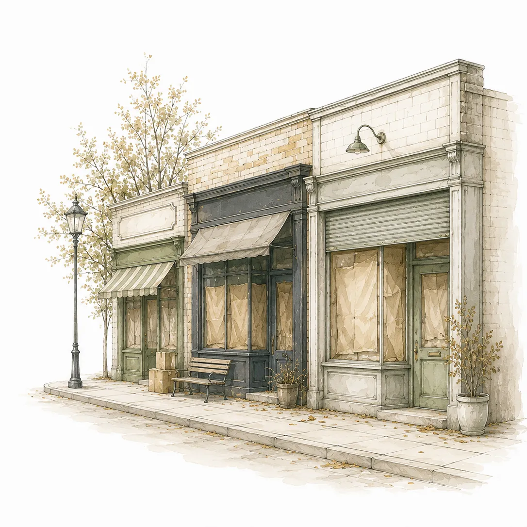 Watercolor illustration of closed storefronts with papered-over windows