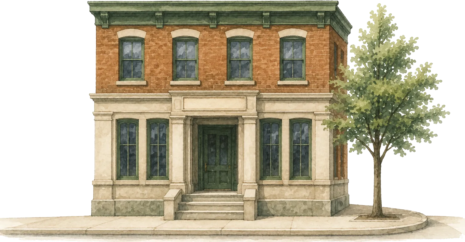 Watercolor illustration of a small community bank on a street corner